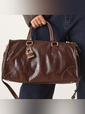 Mango Dark Brown/Burgundy Tote with Gold Hardware